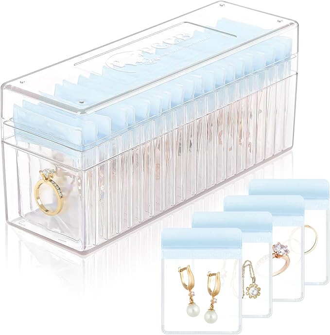 HOMEHIVE Acrylic Jewelry Box Organizer, Clear Jewelry Organizer Holder with 20 Portable Anti Tarnish Jewelry bags, Travel Jewelry Case for Earrings/Rings/Necklaces for Women Girls, Blue by HOMEHIVE