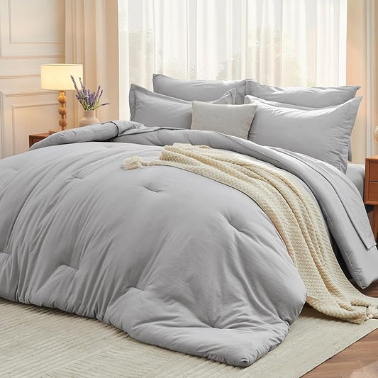 MUXHOMO 7 Pieces Full Comforter Set, Soft Bed in a Bag Full Size, All Season Bedding Set with Comforter, Flat Sheet, Fitted Sheet, Pillowcases & Shams, Light Grey