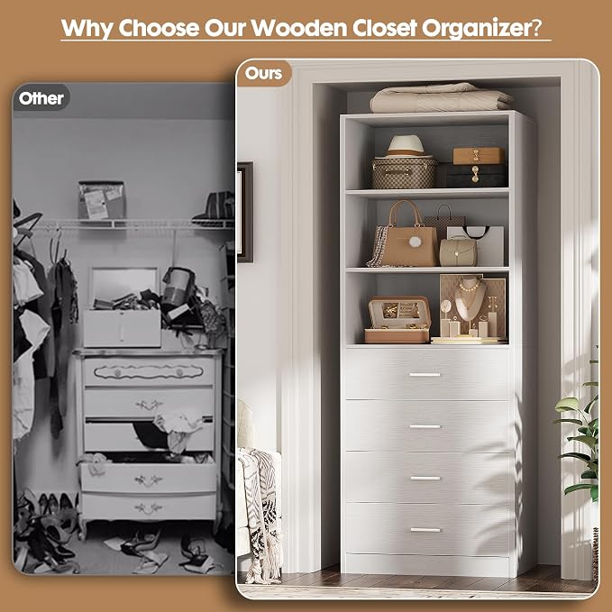 Aheaplus Closet Drawers System, 21.3" Wood Closet Organizer System with 4 Drawers, Modular Walk-in Closet System Storage Unit, Small Closets Wardrobe Rack, Tall Storage Cabinet Unit, White - Image 7
