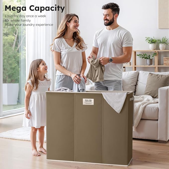 SOLEDI 180L 3-Section Laundry Hamper with Lid, Extra Large Dirty Clothes Basket with Sturdy Handles for Laundry Room & Bedroom - Durable Organizer for Sorting Laundry - Image 3
