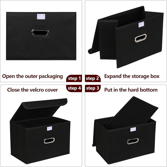 STOREONE Fabric Storage Cube Bins Foldable Organizer Container Collapsible Basket with Lids and Metal Handles, for Home, Bedroom, Closet 8 Pcs (Black) - Image 6