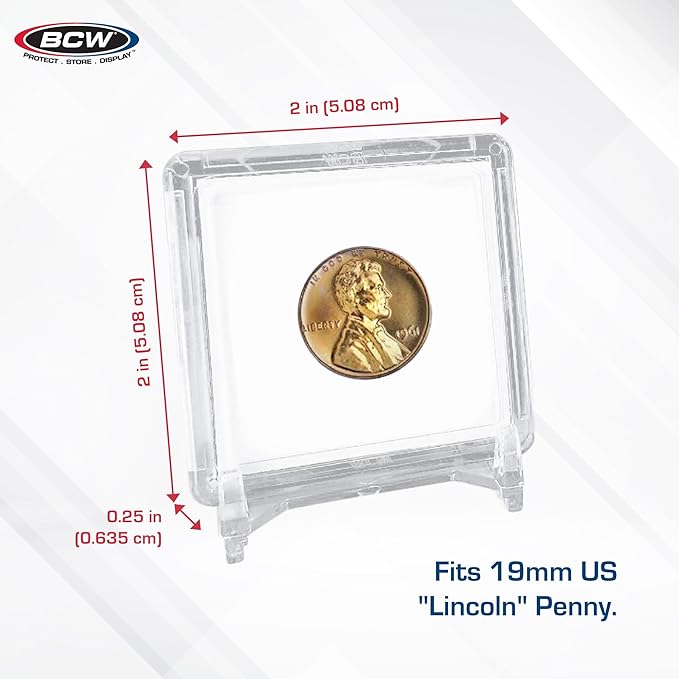 BCW 2x2 Coin Snap - 25 ct Penny Holder | Archival Safe Coin Protector | Crystal Clear Polystyrene Coin Display Case | Ideal for US Lincoln Penny | Coin Holders for Collectors