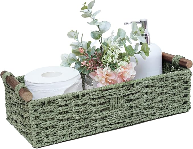 Round Paper Rope Storage Basket Wicker Baskets for Organizing with Handle Decorative Storage Bins for Countertop Toilet Paper Basket for Toilet Tank Top Small Baskets , Green by STOBSK