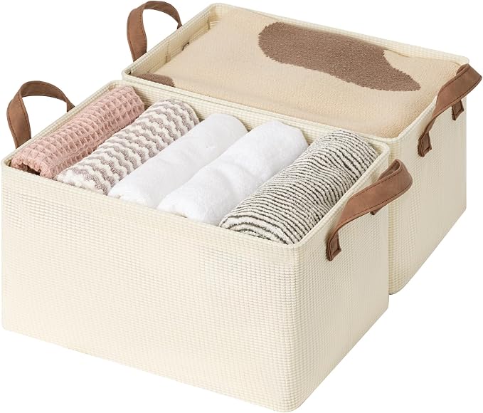 StorageWorks Storage Bins, Shelves Baskets for Organizing, Fabric Closet Organizers with Handles, Metal Frame, Beige-Texture, 2-Pack by StorageWorks