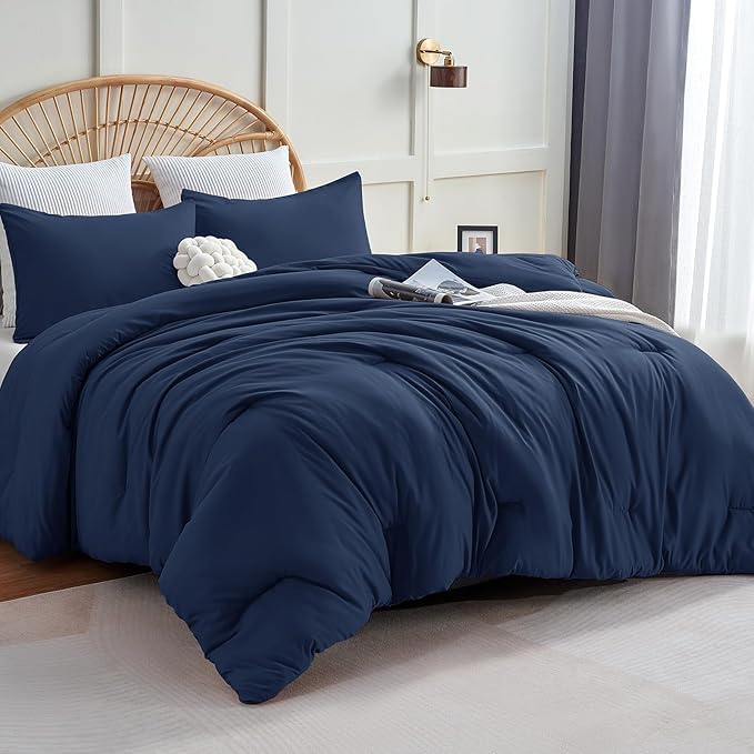 CozyLux California King Comforter Set Navy Blue, 3 Pieces Cal King Solid Breathable Quilted Bedding Sets All Seasons, Luxury Soft Lightweight Bed Set with Down Alternative Comforter and 2 Pillowcases