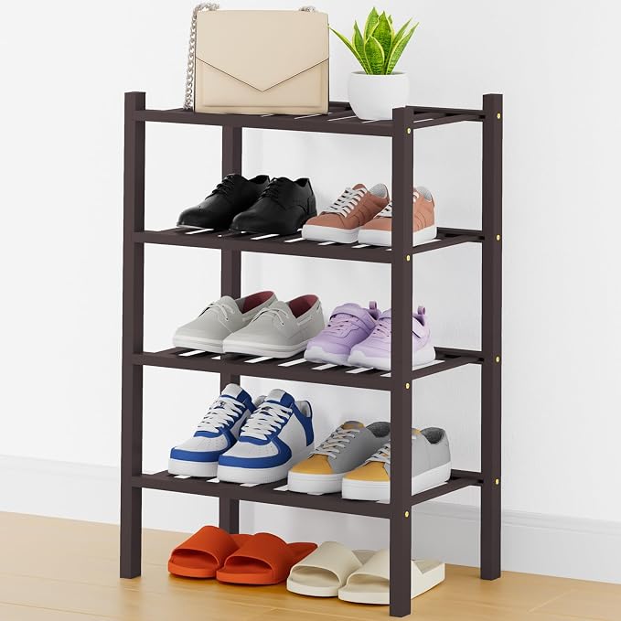 Smiry Shoe Rack, 4 Tier Thick Small Bamboo Shoe Organizer, Stackable Free Standing Wooden Shoe Storage Shelf for Closet, Entryway, Front Door Entrance, Brown by Smiry