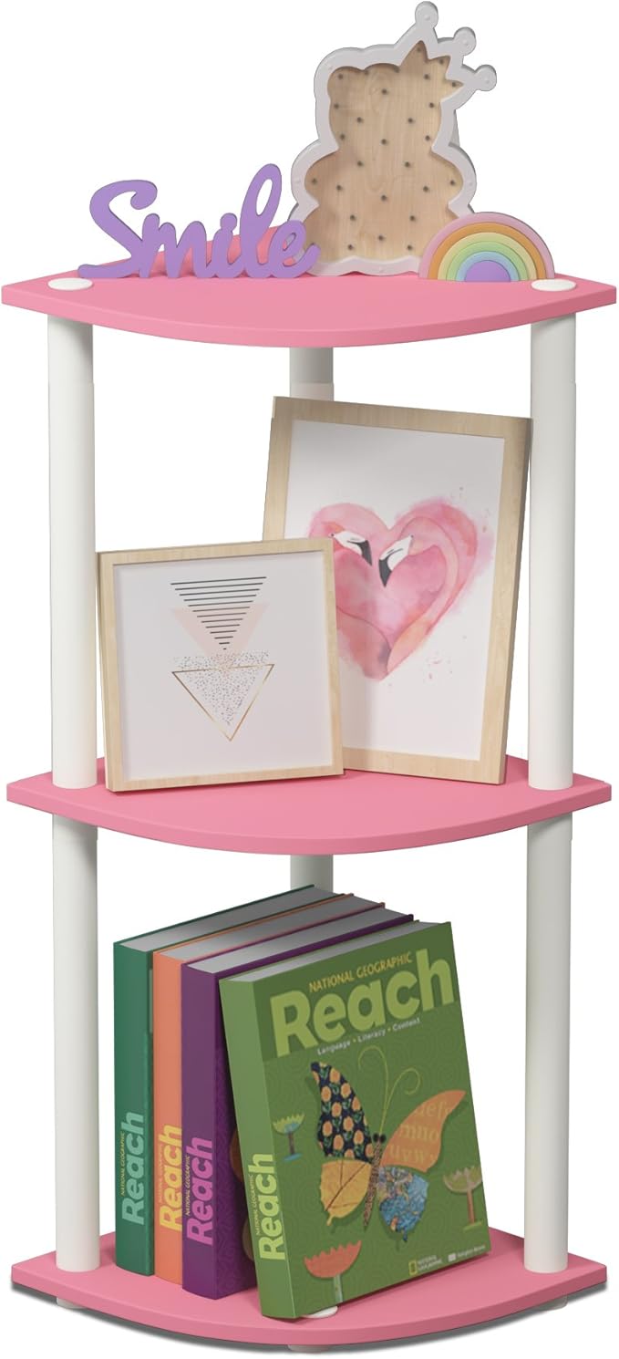 Furinno TURN-N-TUBE Corner Shelf, 3-Tier Corner Bookshelf, Display Storage Shelves with Open Shelves, for Organization and Storage, Living Room, Home Office, Garage, Pink by Furinno-FitsYourSpaceFitsYourBudget