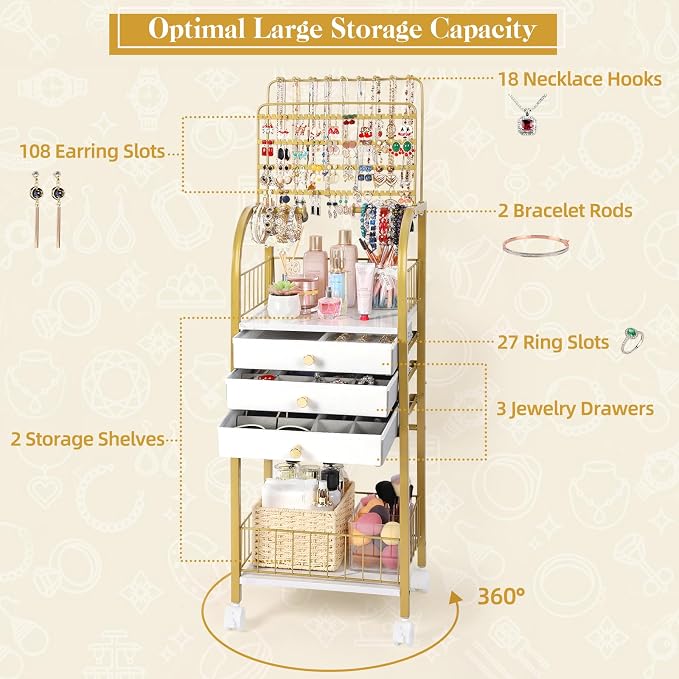 Keebofly Large Jewelry Organizer Stand with 3 Box Drawer - Necklace Organizer Earring Storage Armoire Holder with Display for Earring Necklace Ring Bracelet Gold - Image 4