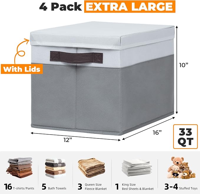 Extra Large Storage Baskets with Lids 4 Pack, 33 QT Throw Blanket Basket for Living Room - Stackable Decorative Closet Shelf Organizers and Storage Box for Organizing Clothes Towels Book - 16x12 in - Image 2