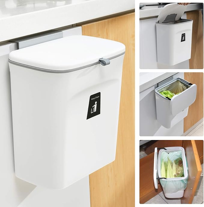 Tiyafuro 2.4 Gallon Kitchen Compost Bin for Counter Top or Under Sink, Hanging Small Trash Can with Lid for Cupboard/Bathroom/Bedroom/Office/Camping, Mountable Indoor Compost Bucket, White by Tiyafuro