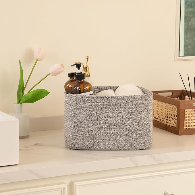 OIAHOMY 4 Pack Storage Baskets for Organizing, Cube Storage Bins for Shelves, Rectangle Storage Baskets With Handles, Woven Baskets for Storage, 12.7''Lx9''Wx7.8''H, Grey - Image 5