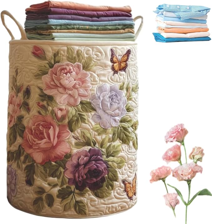 Aiorrax Quilted Laundry Basket with Handles, Boho Floral Fabric Storage Hamper, Large Soft Quilted Laundry Basket for Nursery, Bedroom, Laundry Room,Clothes & Toys (B, L) by qusanii