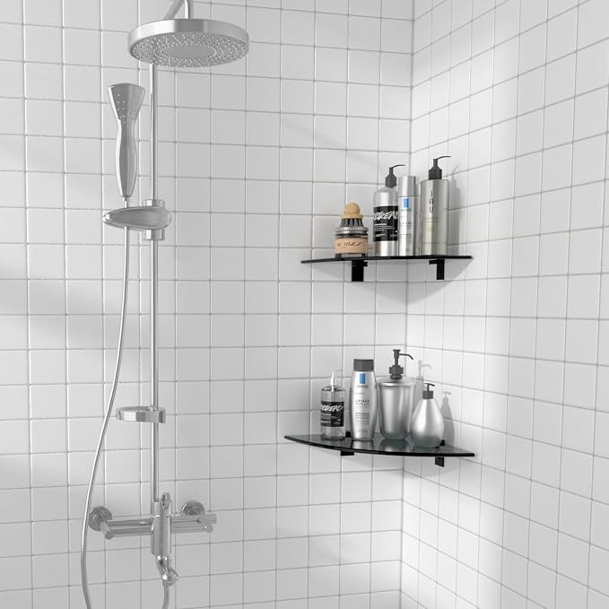 Bakzon 2-Pack Glass Shelf Shower Caddie, Shower Shelves for Inside Shower, Drilling Free Adhesive Wall Mounted Bathroom Organizer Shelves with Aluminium Brackets, Black - Image 7