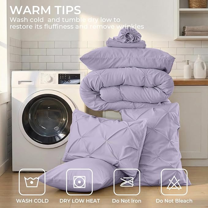 Sasttie Queen Comforter Set, 7-Piece Bed in a Bag, Pintuck Bedding Sets for All Season, Includes Comforter, Flat Sheet, Fitted Sheet, Pillowcases and Pillowshams, Lavender