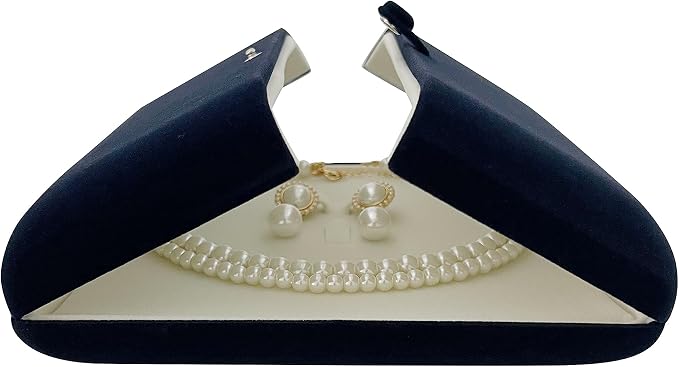 Navy Blue Velvet Jewelry Box for Large Necklace and Earrings Set Luxury Presentation Case for Pearl Strand Necklaces, Statement Jewelry, Button Clip Closure, Arc, Cream Velvet Interior, Gift Box - Image 3