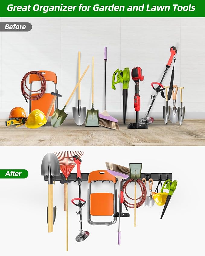 PIYILO 64 inches Garage Tool Organizer Wall Mount, Garden Tool Organizer Rack Heavy Duty, Hanging Storage Organization Racks Holder with 10 Hooks, for Lawn Tools, Shovel, Shed - Image 7
