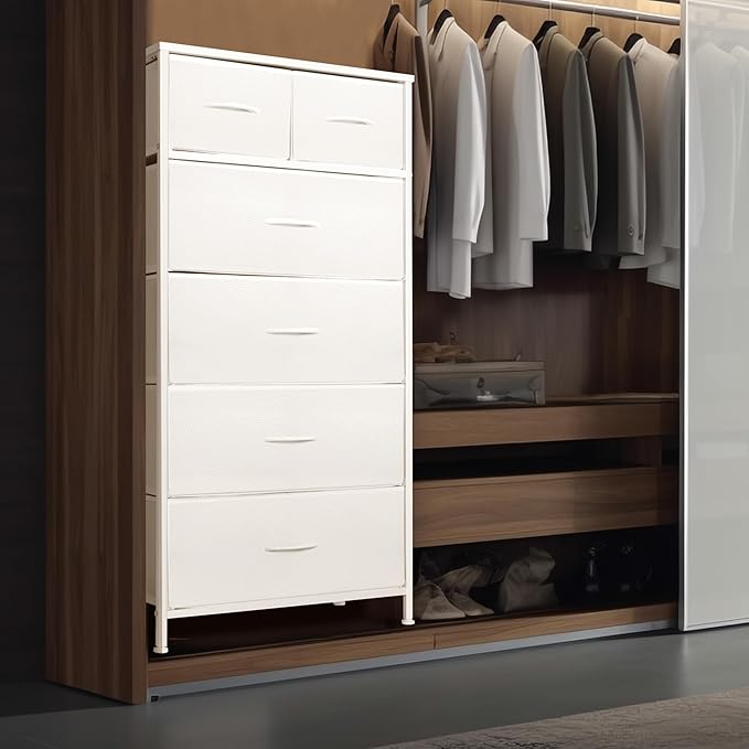 Mifuro Tall Dresser for Bedroom, Vertical Storage Organizer Tower with 6 Drawers, Chest of Drawers with Fabric Bins, Steel Frame, Wood Top for Bedroom, Closet, Entryway- White - Image 4