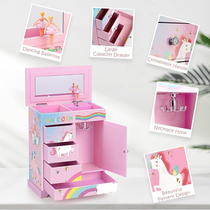 Large Jewelry Box for Girls 5-Layer Music Box with Spinning Ballerina Unicorn Necklace & Bracelet Set Kids Jewelry Organizer Birthday Christmas Gift for 5-8 Year Old Girls(Pink&Blue) - Image 2
