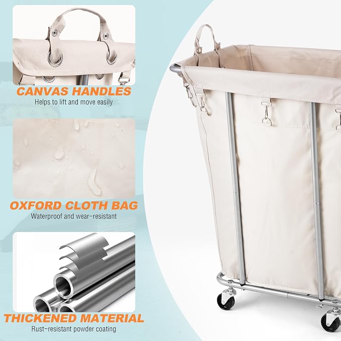 PLKOW Laundry Basket with Wheels 120L Heavy-Duty Laundry Cart with Removable Waterproof Bag, Metal Frame Clothes Basket with Lockable Casters for Home, Laundry Room, Hotel, Beige - Image 3