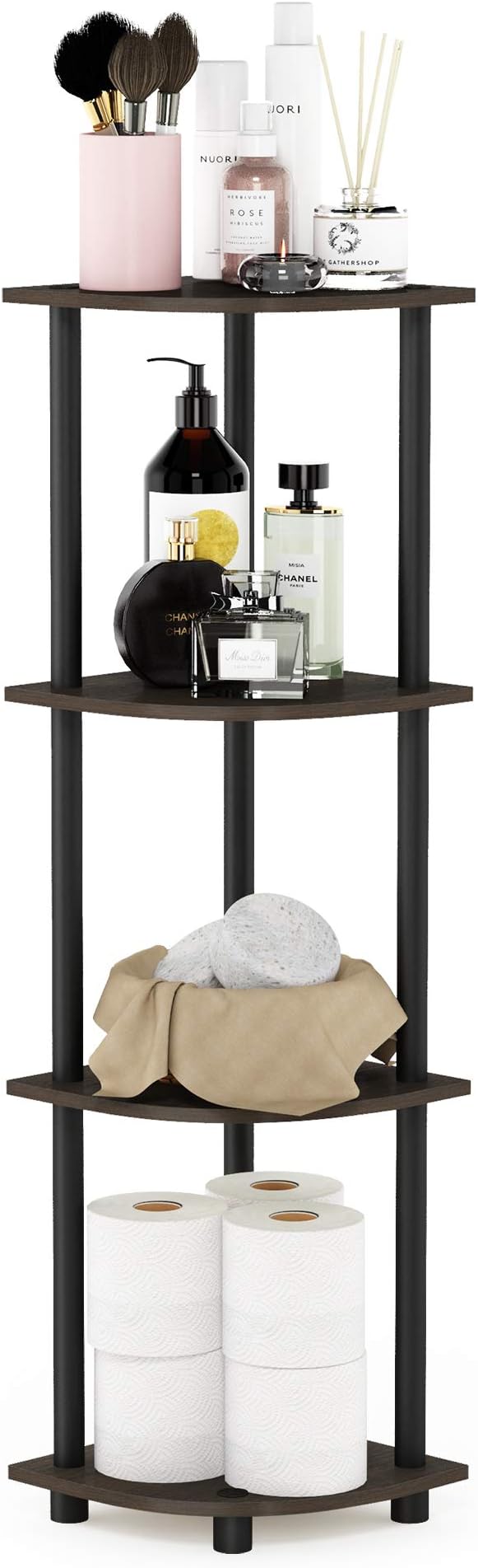 Furinno TURN-N-TUBE Corner Shelf, 4-Tier Corner Bookshelf, Display Storage Shelves with Open Shelves, for Organization and Storage, Living Room, Home Office, Garage, Dark Brown Grain by Furinno-FitsYourSpaceFitsYourBudget