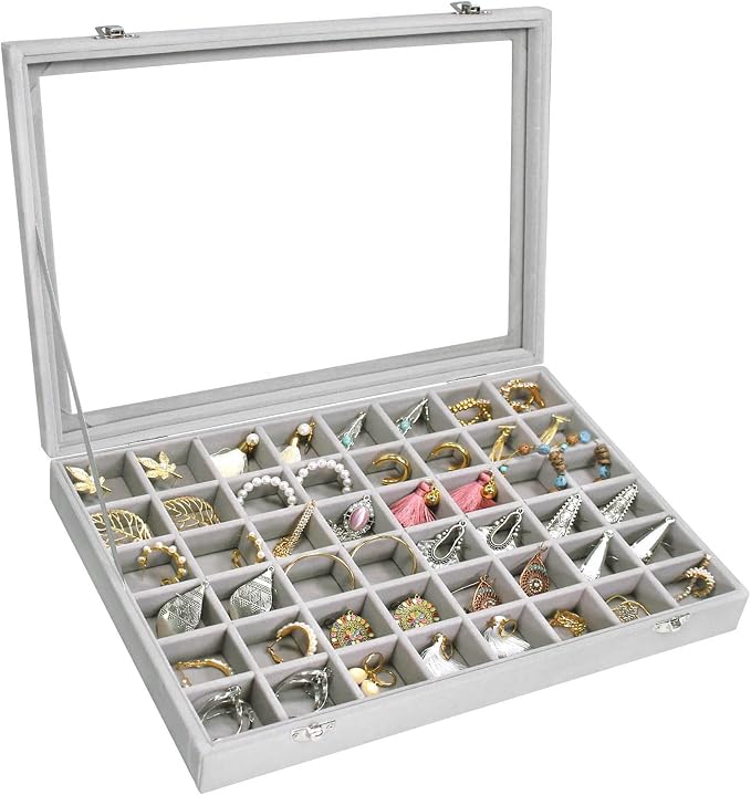 Siveit Velvet Jewelry Tray 48 Grid Jewelry Display Tray Organizer Box with Transparent Lid Rings Earrings Necklaces Pendants Display Box Suitable for Women and Girls (Grey) by Siveit
