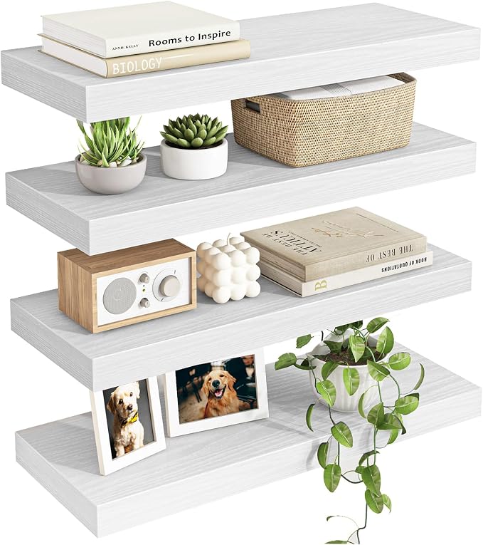 Fixwal White Shelves for Wall, 15.8in Rustic Wood Finish Floating Wall Shelves Set of 4, Shelves for Wall Decor, with Invisible Brackets for Bathroom, Living Room,Bedroom and Kitchen by Fixwal