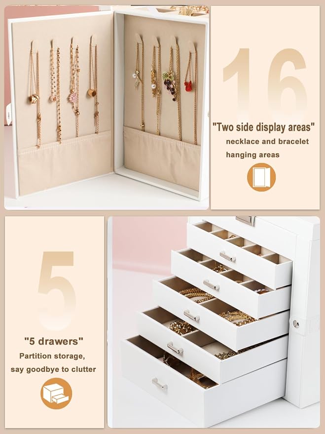 BOOVO Jewelry Box For women, 6 Layer Large Jewelry Organizer With Mirror, Multi-Function Storage Box With Lock, Necklace Holder With 5 Drawers, For Earrings Necklace Bracelet (Silver and White) - Image 4