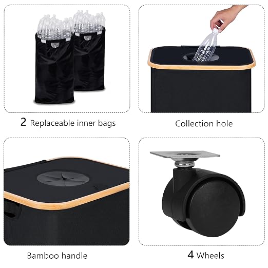 iEGrow Recycling Bin for Kitchen, Indoor Home Recycle Bins with Wheel, 29 Gallons Large Recycling bin with 2 Removeable Reusable Inner Bags, for Bottles Cans Glass Plastice Cartons(Black) - Image 2
