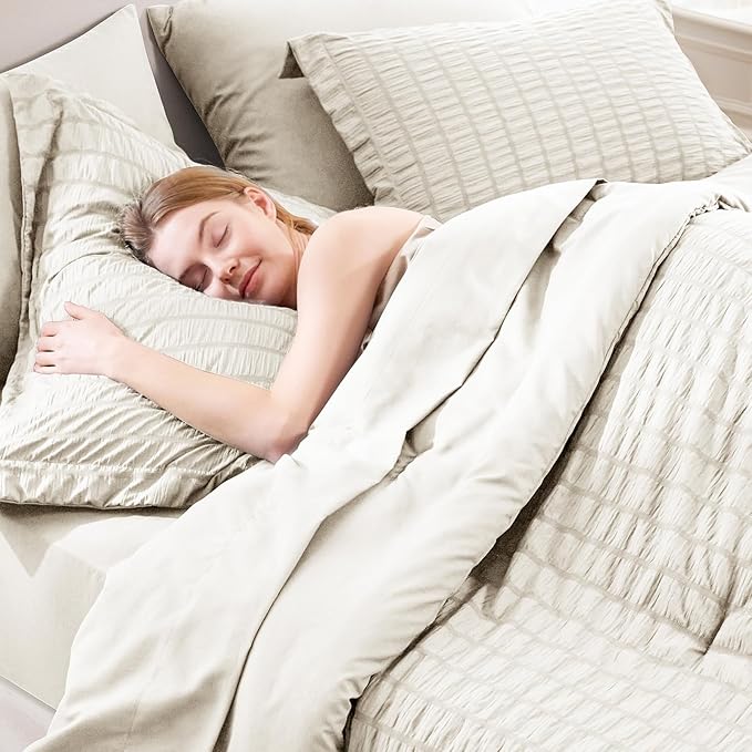 CozyLux Queen Comforter Set Beige Seersucker 7 Pieces Bed in a Bag Queen Comforter Set with Sheets, Luxury Soft Bedding Set with Down Alternative Comforter, Sheets, Pillowcases & Shams for All Seasons