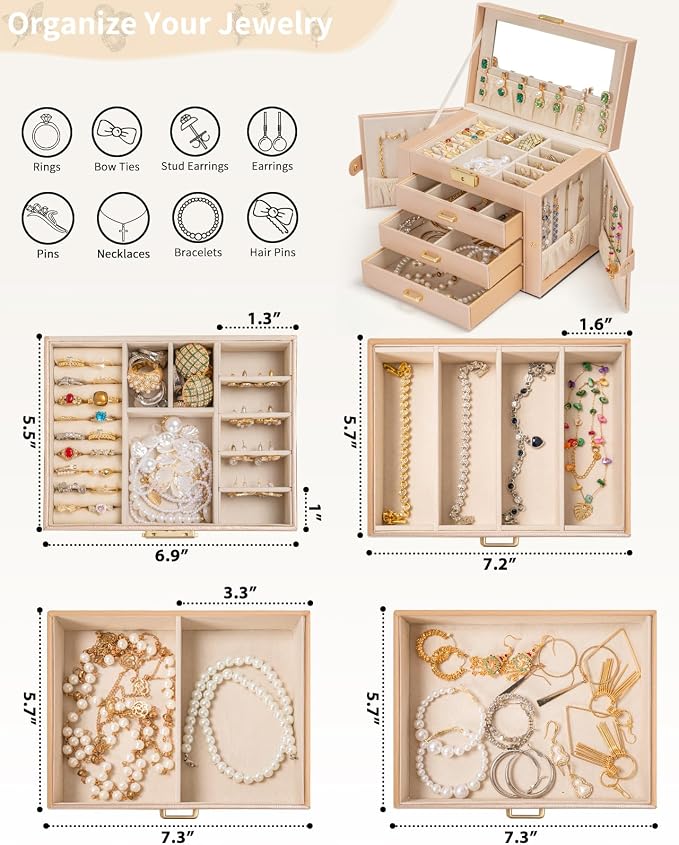AKOZLIN Large 4-Tier Jewelry Box Leather Jewelry Storage Organizer with 3 Drawers Lockable for Women Girls Ring Necklace Earring Bracelet Watches Holder with Mirror Champagne - Image 3