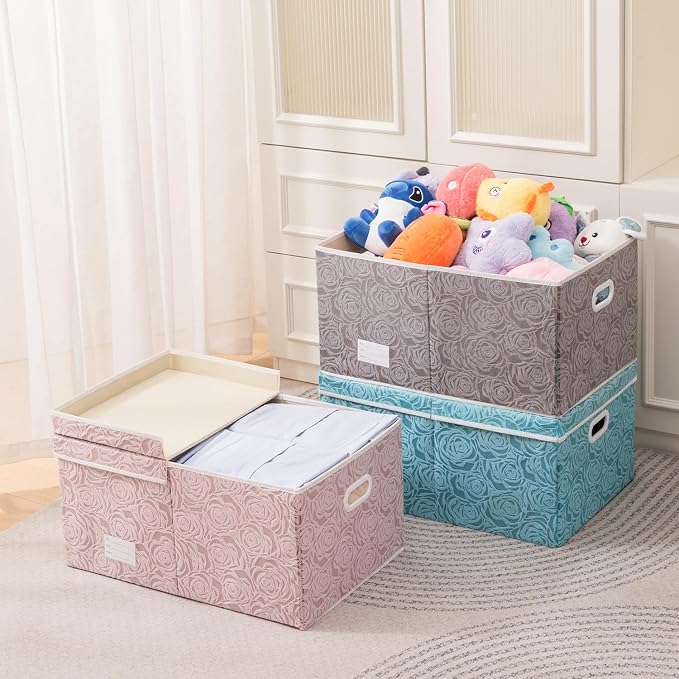 PRANDOM Extra Large Collapsible Storage Cubes with Lids Fabric Decorative Storage Bins Boxes Organizer Baskets with Cover Handles for Bedroom Closet Living Room 19.6x15.7x11.8 Inch 3 Pack - Image 3