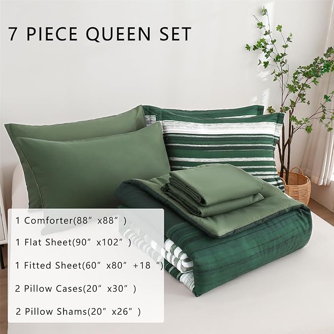 KAKIJUMN 7 Piece Bed in a Bag Stripe Comforter Set Queen Size, White Grey Green Patchwork Striped Comforter and Sheet Set, All Season Soft Microfiber Complete Bedding Sets(Dark Green,Queen)