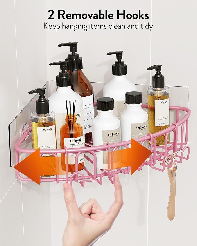 Orimade Corner Shower Caddy with 2 Hooks Wall Mounted Metal Bathroom Shelf Storage Organizer Adhesive No Drilling 2 Pack, Pink Only for 90-Degree Corner - Image 5
