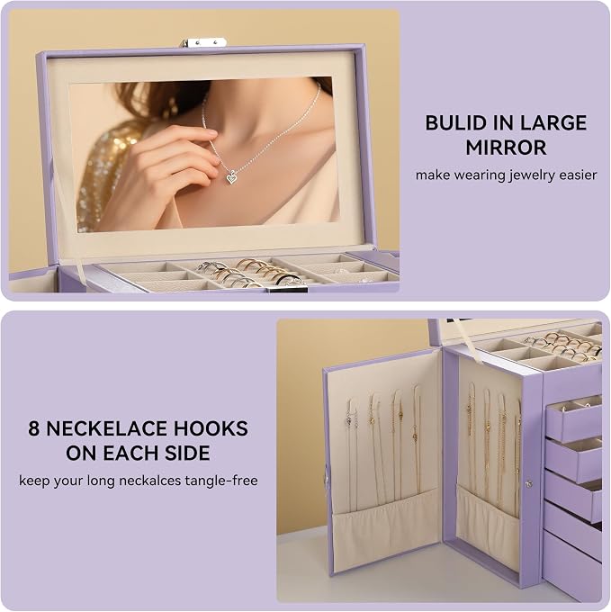 Frebeauty Large Jewelry Box,6-Tier PU Leather Jewelry Organizer,Multi-functional Storage Case with Mirror,Accessories Holder with 5 Drawers for Necklace Bracelets Watches（Purple） - Image 5