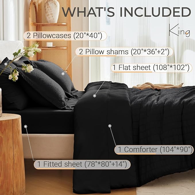 MUXHOMO 7 Pieces King Comforter Set, Seersucker Bed in a Bag King Size, All Season Luxury Bedding Set with Comforter, Flat Sheet, Fitted Sheet, Pillowcases & Shams, Black