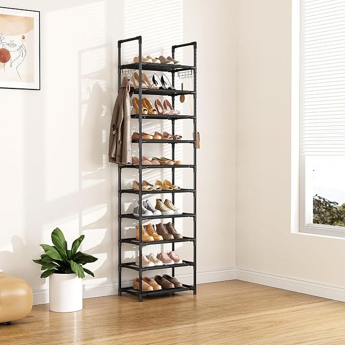 LANTEFUL 10 Tiers Shoe Rack 25 Pairs Large Capacity Tall Shoe Organizer Sturdy Shoe Storage with Two Hooks Space Saving Metal Narrow Shoe Rack for Closet, Entryway, Bedroom, Black - Image 2