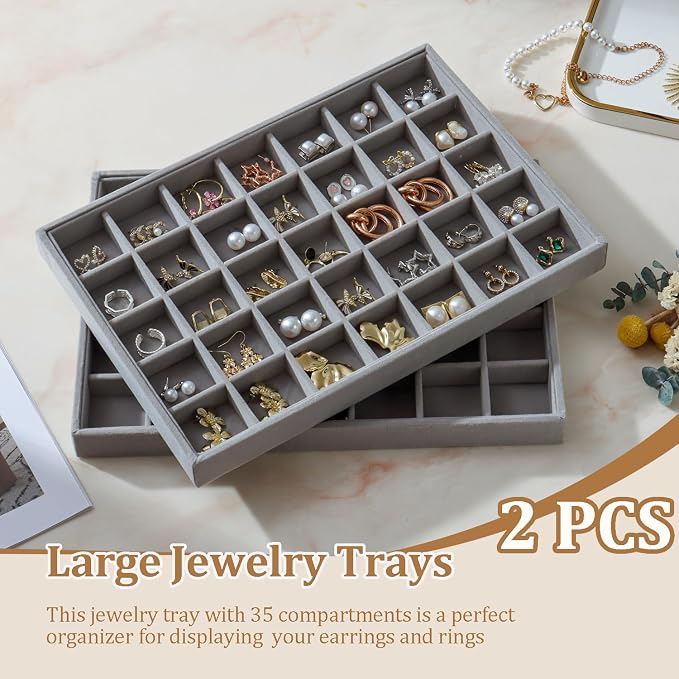 Large Velvet Jewelry Tray 2 Pack Stackable Jewelry Display Drawer Inserts Trays Organizer for Earring Bracelet Necklace Ring (Gray, 35 Grids) - Image 2