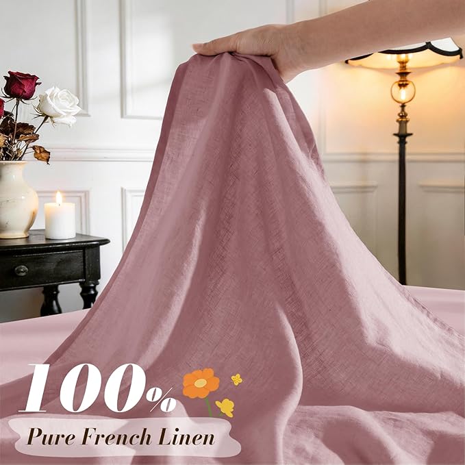 SONORO KATE 100% French Pure Linen Sheets, Breathable and Durable Linen King Size Sheets, Anti-Tear Linen Bed Sheets, Machine Washable, 16 Inch Deep Pocket - 4 Piece (Embroidery Purple, King)