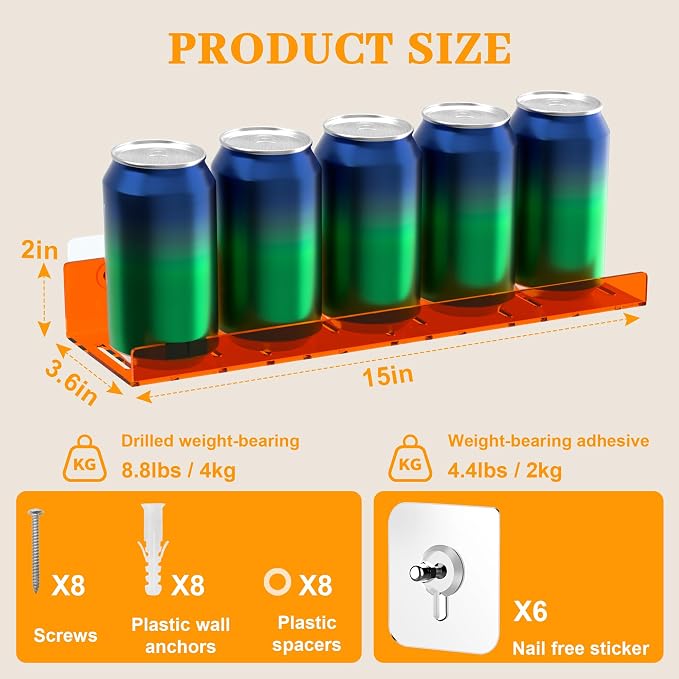 LAZYROSY 2 Pack Floating Shelves– 15'' Orange Acrylic/PET Wall-Mounted No Drill Storage with Adhesive, Bathroom & Bedroom Shelving for Kitchen, Living Room, Home Decor - Image 2