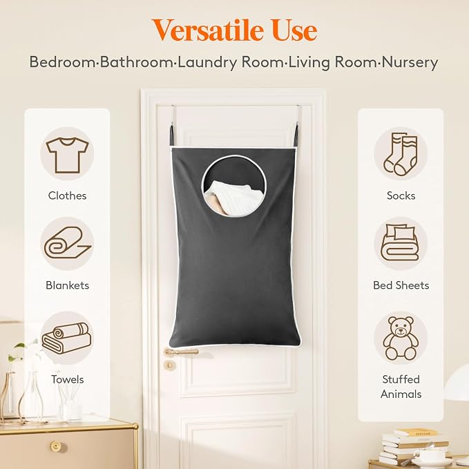 Lifewit 1 Pack Over Door Laundry Hamper, Large Collapsible Hanging Laundry Hamper, Hanging Laundry Basket Bag for Bathroom Bedroom Dirty Clothes Storage Organizer, Dark Gray - Image 5