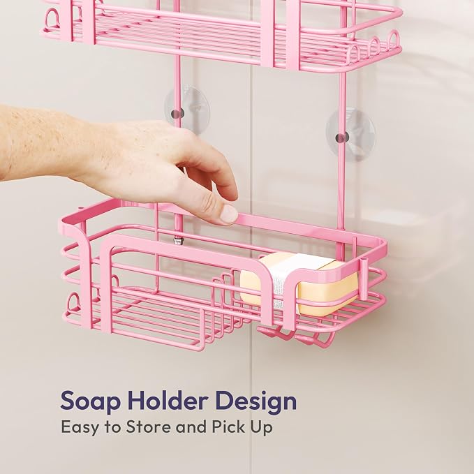 SWTYMIKI Shower Caddy Hanging Organizer - Over the Door Shower Caddy with Soap Holder, 11 Hooks, 2 Installation Ways, Stainless Steel Rustproof Bathroom Organizer, Pink - Image 5
