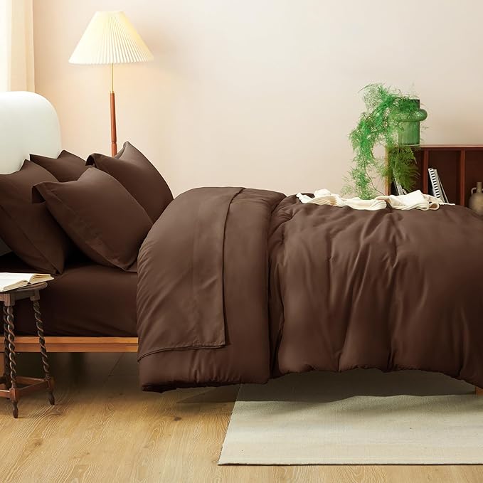 CozyLux Queen Comforter Set Brown, 7 Pieces Bed in a Bag Queen Comforter Set with Sheets, Luxury Soft Bedding Sets with Down Alternative Comforter, Fitted Sheet, Flat Sheet, Pillowcases & Shams