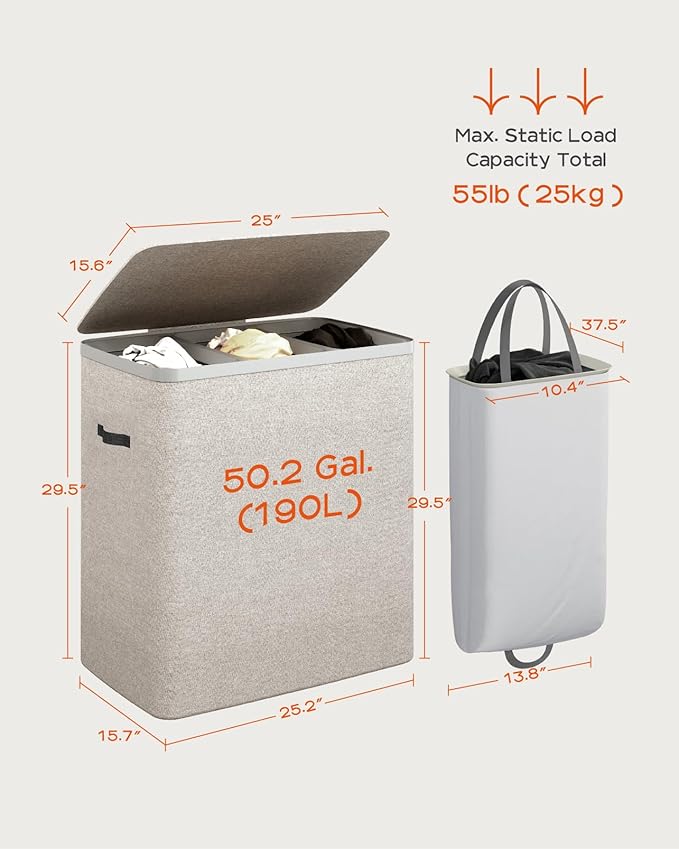 CASAMAYA Laundry Basket with Lid, Laundry Hamper 3 Section, 190L collapsible Laundry Organizer, Easy Assembly, with Handles and Removable Liners, 25.2 x 15.7 x 29.5 Inches, Beige JSP904M - Image 6