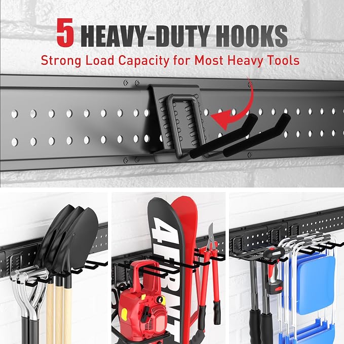 Garage Tool Organizer Wall Mount 48 inches with 10 Adjustable Heavy-Duty Hooks, Garage Organization, Garden Tool Storage Rack, Yard, and Shed, Holds Up to 400 lbs - Image 4