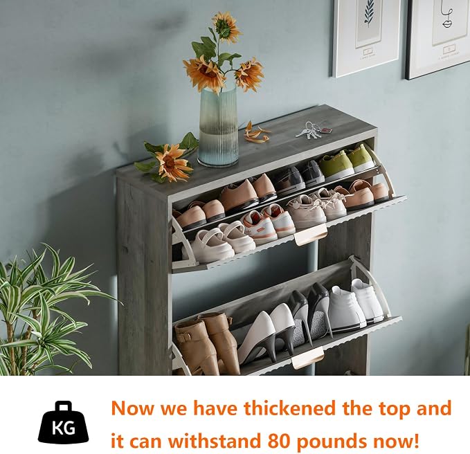 Shoe Cabinet Storage,Modern Freestanding Organizer with 3 Flip Drawers,Narrow Shoe Rack Cabinet for Entryway,Grey - Image 3