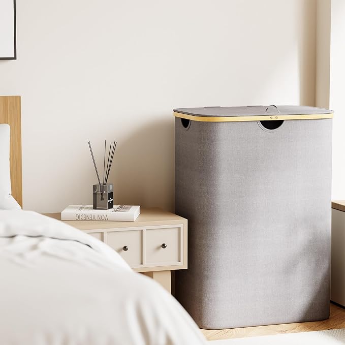 SpaceAid Double Laundry Hamper 2 Section with Lid and Removable Laundry Bags, 160L Clothes Basket with Bamboo Handles, Large Collapsible Hamper for Bedroom, Bathroom, Dorm, Laundry Room - Grey - Image 6