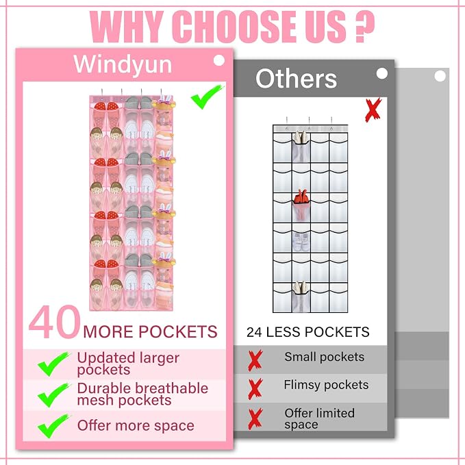 Windyun 40 Over the Door Shoe Organizer Large Breathable Mesh Pockets Pink Hanging Shoe Rack for Closet Behind Door Hanger Storage Holder Nonslip Hooks for Women Entryway Bedroom Utility Room - Image 6