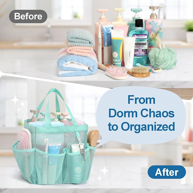F-color Mesh Shower Caddy Portable, Upgrade Deeper 7 Pockets Shower Bag Basket Tote for College Dorm Room Toiletry Bathroom Essentials Gym Camp Quick Dry 2 handles with S Hook, Sage Green - Image 4