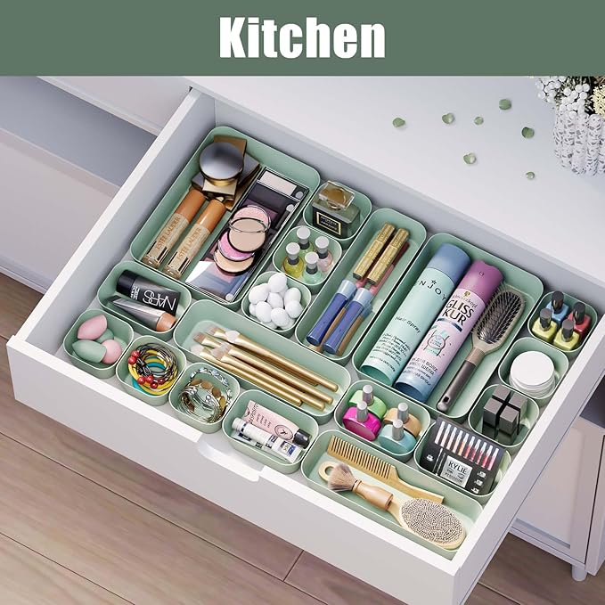 Plastic Drawer Organizers, 10 PCS Drawer Organizer Bins, Bathroom and Vanity Organizer Plastic Tray, Makeup organizer and storage for Makeup, Bedroom, Kitchen Gadgets Utensils and Office (Green) - Image 5