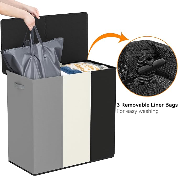 WOWLIVE 180L Laundry Hamper with Lid 3 Section,Large Laundry Basket with Removable Bags and Handles,Collapsible Dirty Clothes Hampers for Laundry,Laundry Basket Organizer for Laundry Room,Dorm - Image 6